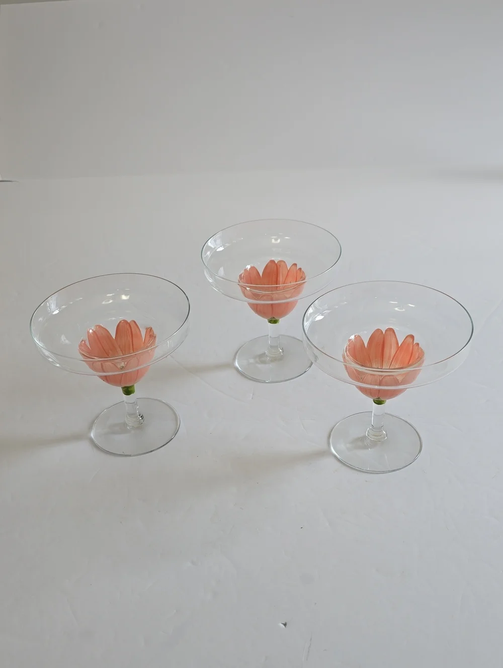 Vintage MCM Tiki Set Of 3 Handpainted Pink Tulip Margarita Stemware Glasses